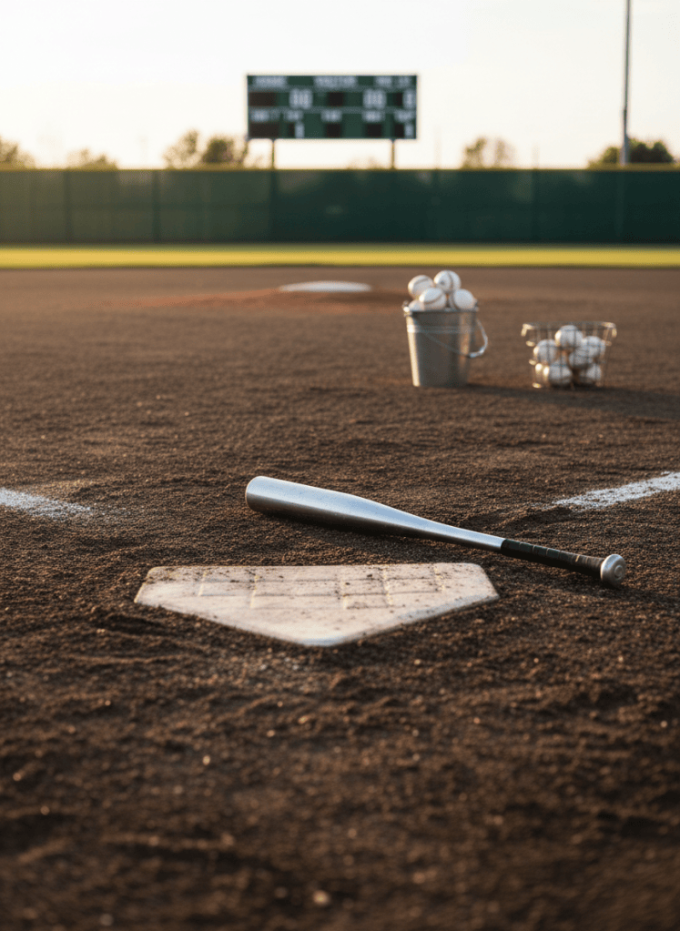 A dramatic, low-angle photographic view from just behind home plate, focusing on an empty catcher’s box and the detailed texture of home plate embedded in compacted dirt. Slightly off to the side, a gleaming aluminum bat lies parallel to the foul line, and a row of baseballs is stacked in a wire bucket on the on-deck circle. The high school stadium’s outfield fence and a simple scoreboard are softly blurred in the distance. Early evening light mixes with bright stadium lamps, creating crisp highlights on the bat and subtle shadows in the dirt. Composition follows the rule of thirds, drawing the eye from the plate to the distant centerfield fence. The atmosphere is intense, game-ready, and professional, suggesting an elite player’s home field without depicting any humans.